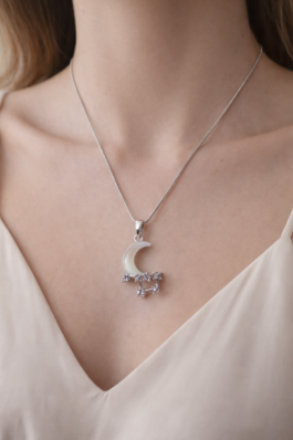 Ay Taşı Detaylı Zirkon Taşlı Çelik Ay Kolye