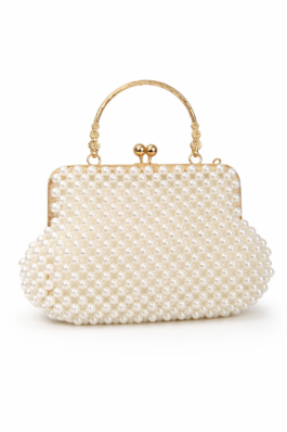 İnci İşlemeli Gold Saplı Abiye El Çantası