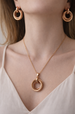 Rose Gold Çelik Halka Küpe & Kolye Seti